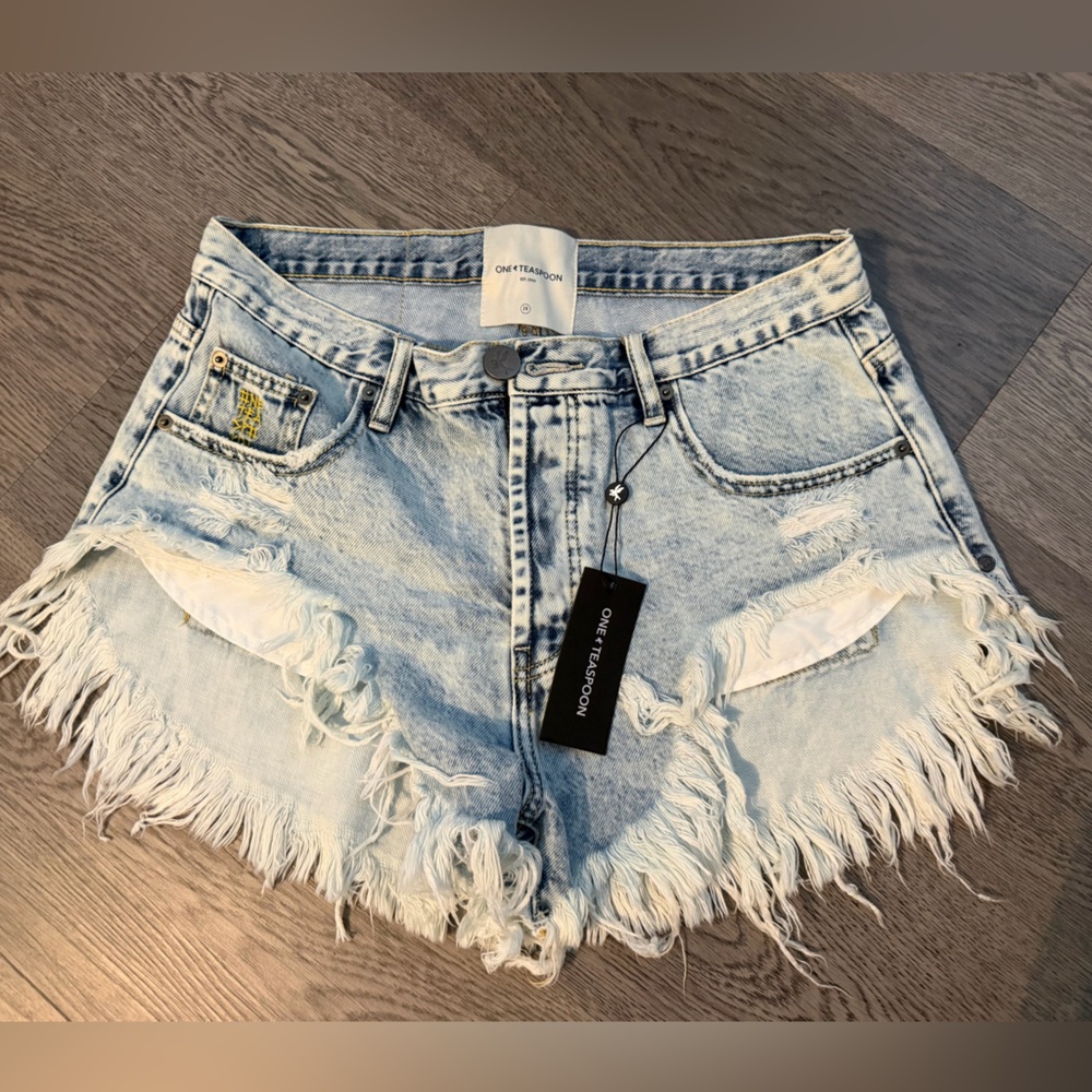 One Teaspoon Light Wash Frayed Hem Denim Shorts